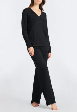 Schiesser Shirt Long-sleeved Modal V-neck Button Placket Black - Mix & Relax -Uni Style Shop shirt langarm modal v ausschnitt knopfleiste schwarz mix relax 175478 000 front