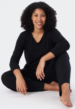 Schiesser Shirt Long-sleeved Modal V-neck Black - Mix & Relax -Uni Style Shop shirt langarm modal v ausschnitt schwarz mix relax 175477 000 front