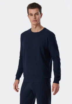 Schiesser Shirt Long-sleeved Sweatwear Organic Cotton Tencel Cuffs Stripes Dark Blue - Mix & Relax -Uni Style Shop shirt langarm sweatware organic cotton tencel buendchen streifen dunkelblau mix relax 179048 803 detail2