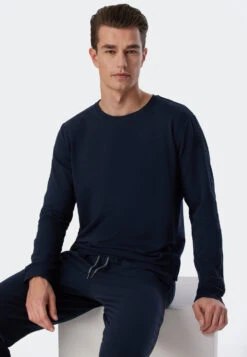 Schiesser Shirt Long-sleeved Sweatwear Organic Cotton Tencel Cuffs Stripes Dark Blue - Mix & Relax -Uni Style Shop shirt langarm sweatware organic cotton tencel buendchen streifen dunkelblau mix relax 179048 803 front