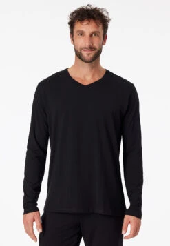 Schiesser Long-sleeved Shirt V-neck Black - Mix + Relax -Uni Style Shop shirt langarm v ausschnitt schwarz mix relax 163846 000 detail2