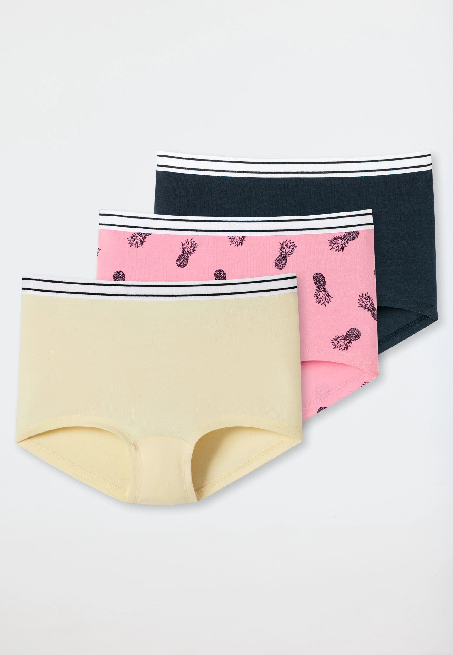 Schiesser Boyshorts 3-pack Organic Cotton Stripes Pineapple Dark Blue/ Vanilla/ Pink - 95/5 1 Schiesser Boyshorts 3-pack Organic Cotton Stripes Pineapple Dark Blue/ Vanilla/ Pink - 95/5