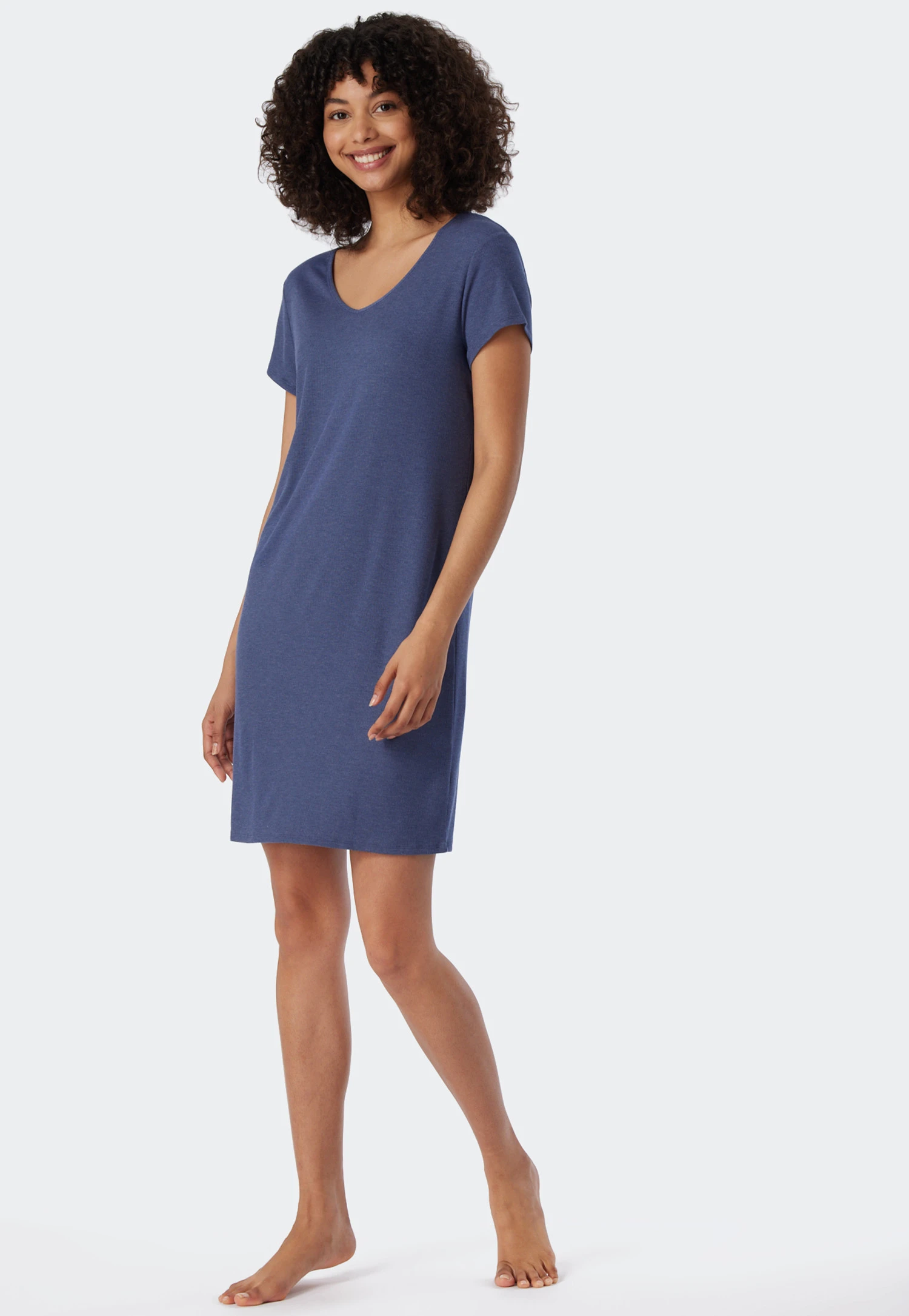 Schiesser Sleep Shirt Short-sleeved Double Rib Modal V-neck Blue - Modern Rib - Natural Dye 1 Schiesser Sleep Shirt Short-sleeved Double Rib Modal V-neck Blue - Modern Rib - Natural Dye