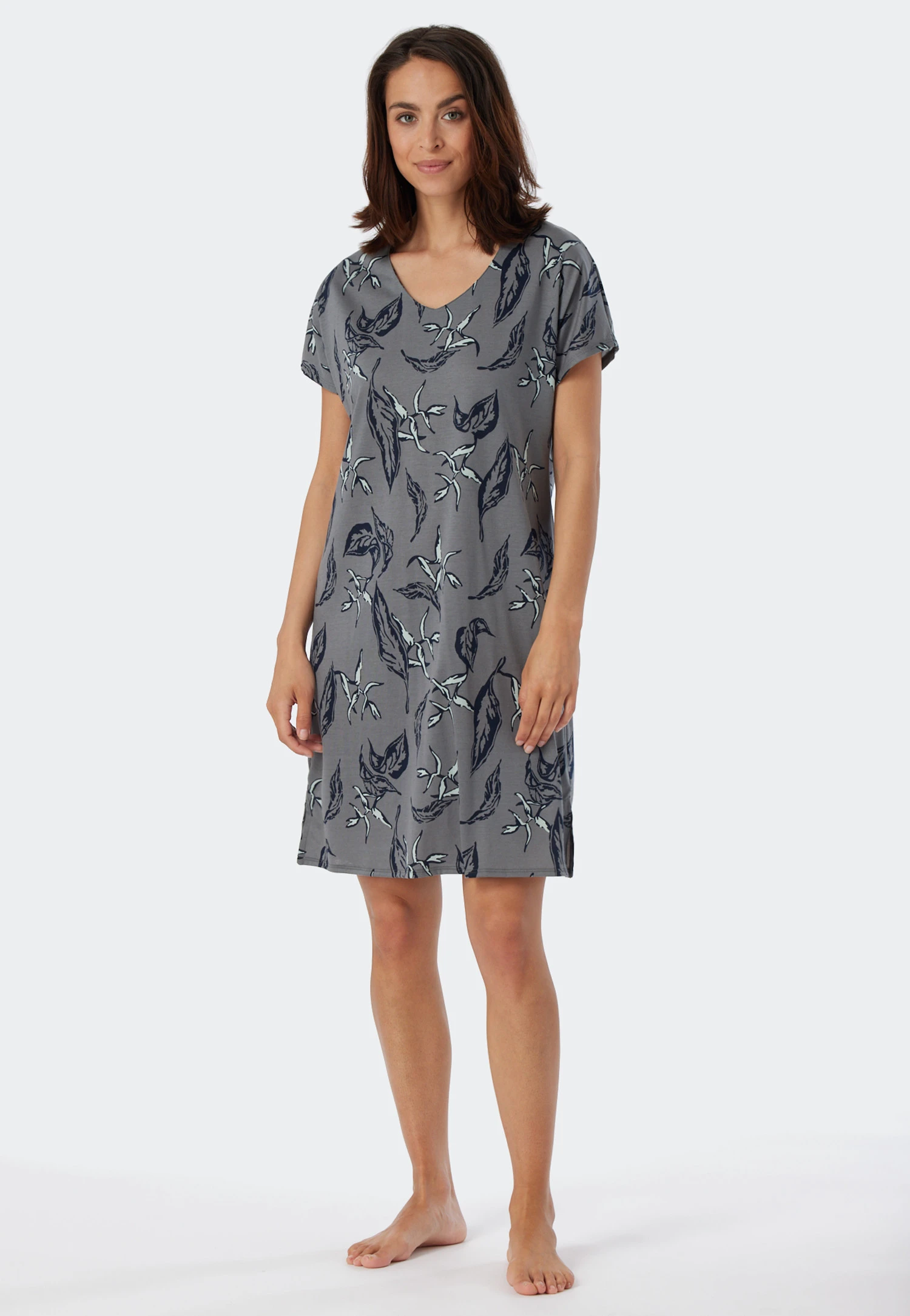 Schiesser Sleep Shirt Short-sleeved Modal V-neck Leaf Print Multicolored - Contemporary Nightwear 2 Schiesser Sleep Shirt Short-sleeved Modal V-neck Leaf Print Multicolored - Contemporary Nightwear - Image 2