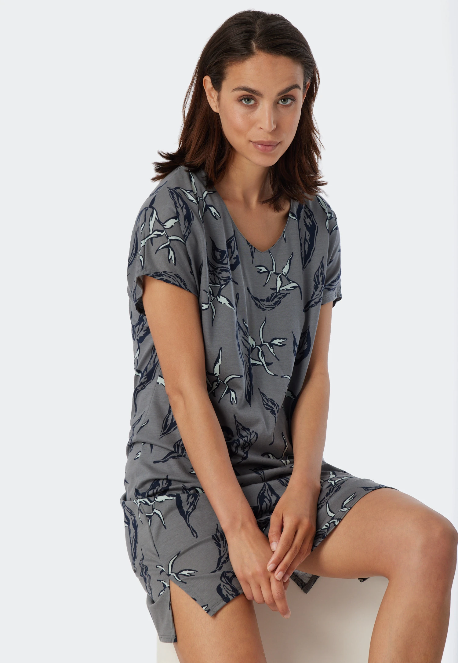 Schiesser Sleep Shirt Short-sleeved Modal V-neck Leaf Print Multicolored - Contemporary Nightwear 3 Schiesser Sleep Shirt Short-sleeved Modal V-neck Leaf Print Multicolored - Contemporary Nightwear - Image 3