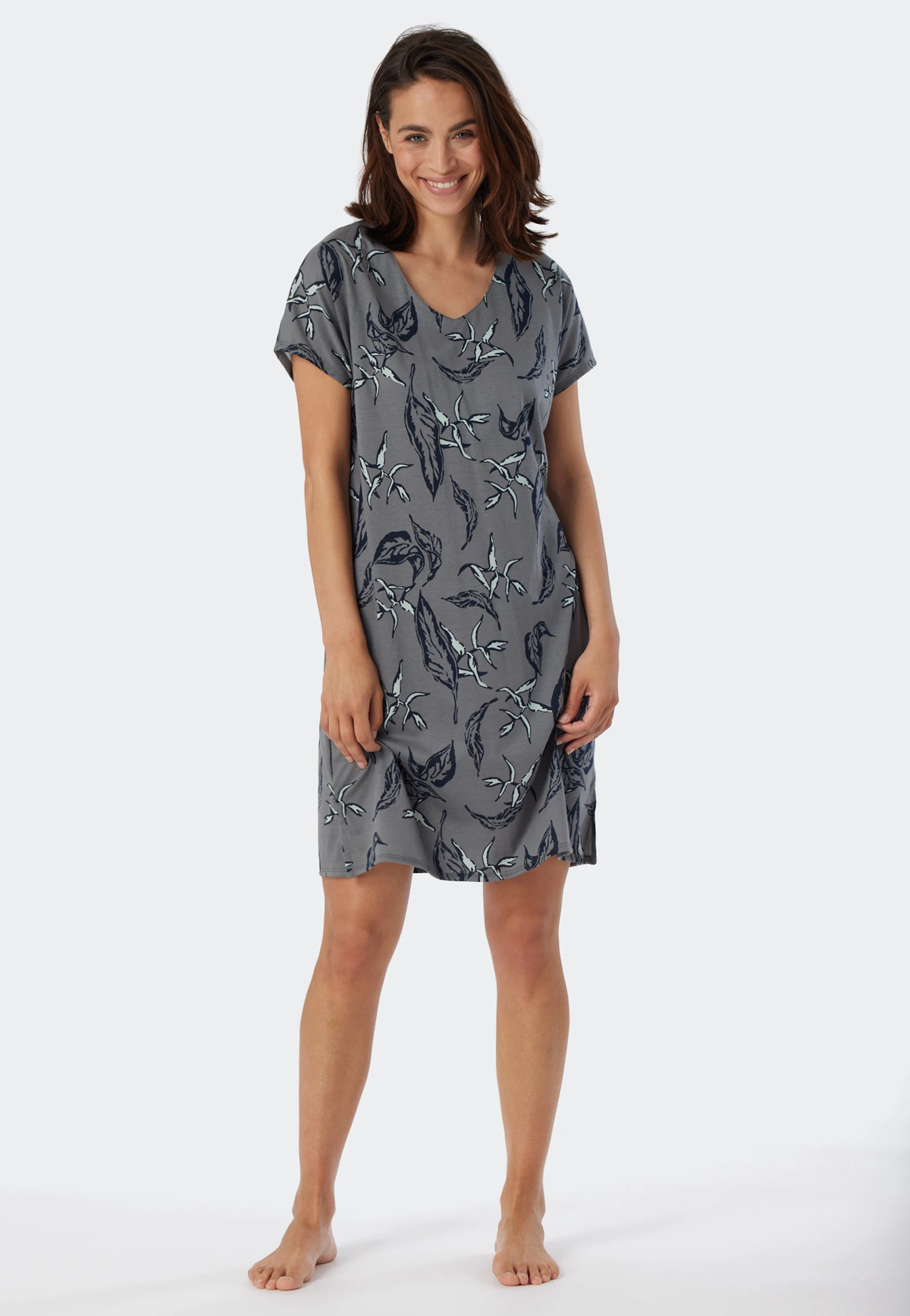 Schiesser Sleep Shirt Short-sleeved Modal V-neck Leaf Print Multicolored - Contemporary Nightwear 1 Schiesser Sleep Shirt Short-sleeved Modal V-neck Leaf Print Multicolored - Contemporary Nightwear