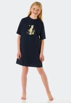 Schiesser Sleep Shirt Short-sleeved Organic Cotton Cockatoo Dark Blue Patterned - Ocean Flow