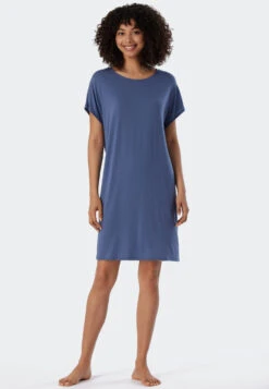 Schiesser Sleep Shirt Short-sleeved Tencel Oversized Batwing Sleeves Blue - Selected! Premium Inspiration