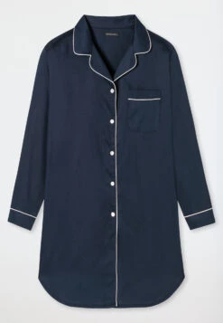 Schiesser Sleep Shirt Long-sleeved Cotton Woven Satin Button Placket Piping Dark Blue - Selected! Premium Inspiration 7 Schiesser Sleep Shirt Long-sleeved Cotton Woven Satin Button Placket Piping Dark Blue - Selected! Premium Inspiration -Uni Style Shop sleepshirt langarm baumwoll websatin knopfleiste paspeln dunkelblau selected premium inspiration 179282 803 detail1