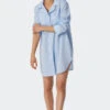 Schiesser Sleep Shirt Long-sleeved Cotton Woven Satin Button Placket Piping Light Blue - Selected! Premium Inspiration
