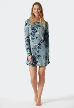 Schiesser Sleep Shirt Long-sleeved Interlock Floral Print Gray-blue - Contemporary Nightwear