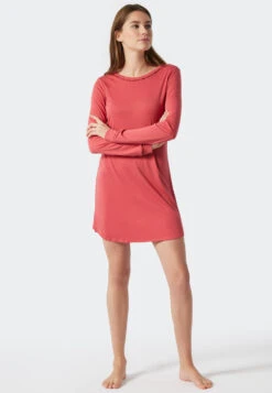 Schiesser Sleep Shirt Long-sleeved Interlock Cuffs Piping Light Red - Contemporary Nightwear