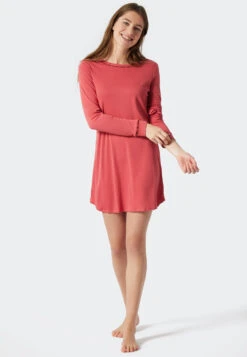 Schiesser Sleep Shirt Long-sleeved Interlock Cuffs Piping Light Red - Contemporary Nightwear -Uni Style Shop sleepshirt langarm interlock buendchen paspeln hellrot contemporary nightwear 178066 501 front
