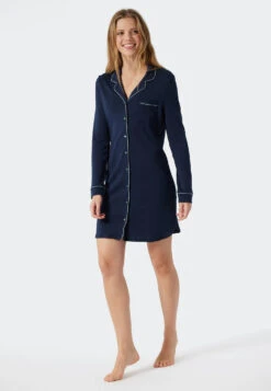 Schiesser Sleep Shirt Long-sleeved Interlock Button Placket Piping Dark Blue - Contemporary Nightwear 8 Schiesser Sleep Shirt Long-sleeved Interlock Button Placket Piping Dark Blue - Contemporary Nightwear -Uni Style Shop sleepshirt langarm interlock knopfleiste paspeln dunkelblau contemporary nightwear 178063 803 detail2