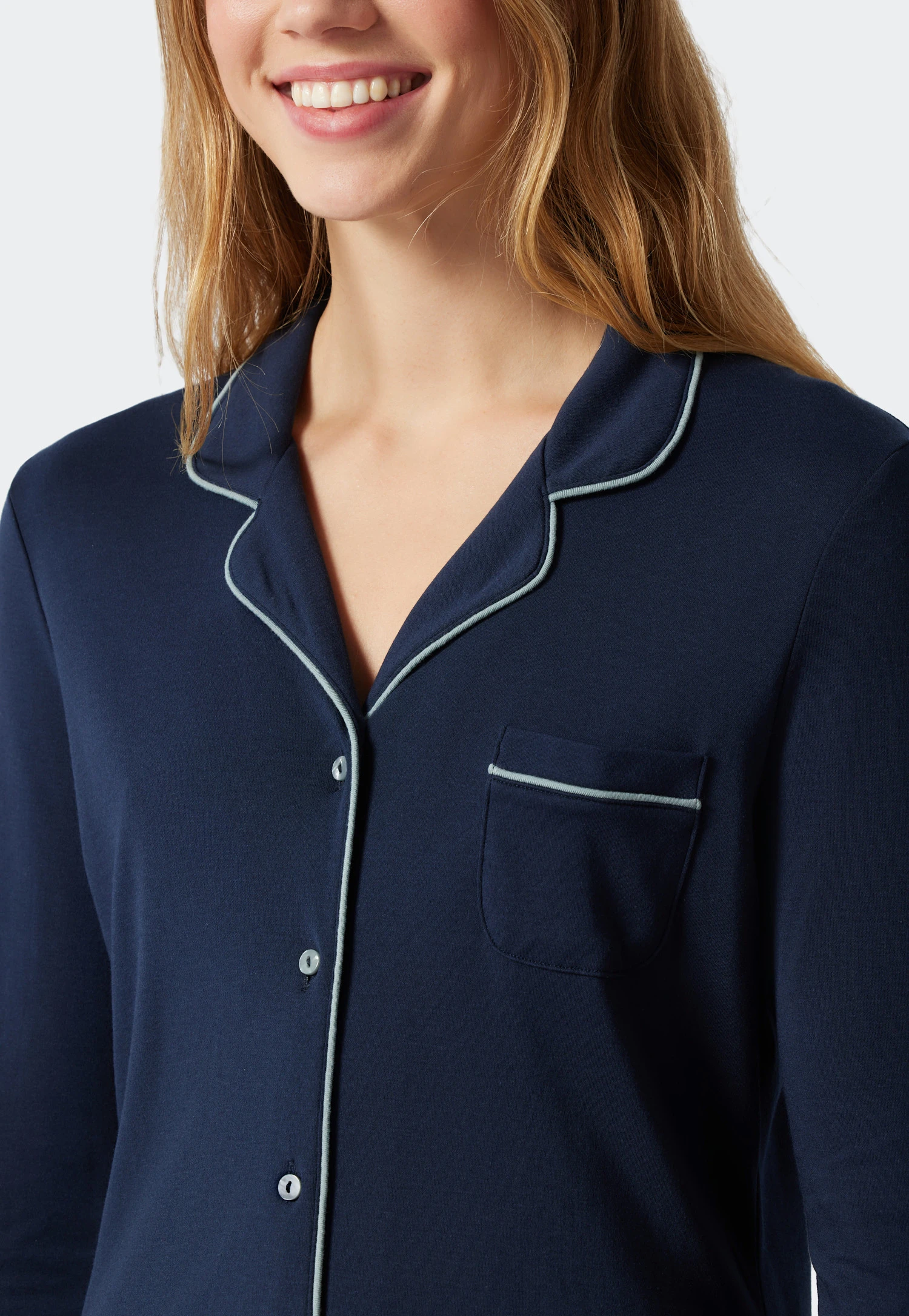 Schiesser Sleep Shirt Long-sleeved Interlock Button Placket Piping Dark Blue - Contemporary Nightwear 2 Schiesser Sleep Shirt Long-sleeved Interlock Button Placket Piping Dark Blue - Contemporary Nightwear - Image 2