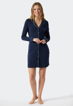 Schiesser Sleep Shirt Long-sleeved Interlock Button Placket Piping Dark Blue - Contemporary Nightwear