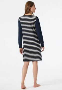 Schiesser Sleep Shirt Long-sleeved V-neck Cuffs Breton Stripes Dark Blue - Essential Stripes -Uni Style Shop sleepshirt langarm v ausschnitt buendchen bretonstreifen dunkelblau essential stripes 178046 803 back