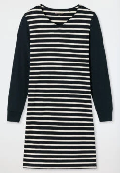 Schiesser Sleep Shirt Long-sleeved V-neck Cuffs Breton Stripes Dark Blue - Essential Stripes -Uni Style Shop sleepshirt langarm v ausschnitt buendchen bretonstreifen dunkelblau essential stripes 178046 803 detail1