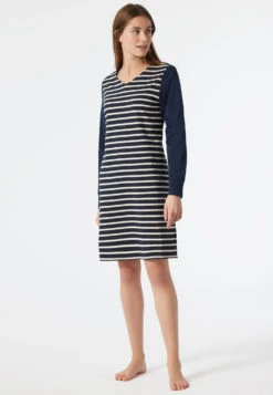 Schiesser Sleep Shirt Long-sleeved V-neck Cuffs Breton Stripes Dark Blue - Essential Stripes