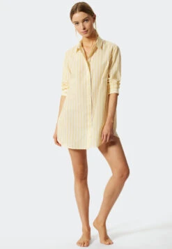 Schiesser Sleep Shirt Long-sleeved Woven Fabric Button Placket Stripes Yellow - Pyjama Story -Uni Style Shop sleepshirt langarm webware knopfleiste streifen gelb pyjama story 176989 600 front