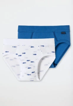 Schiesser Sports Briefs 2-pack Fine Rib Organic Cotton Fish Blue/white - Natural Love
