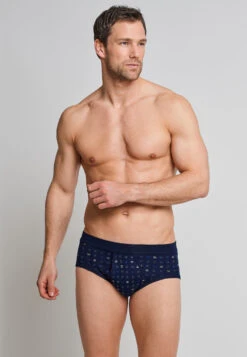Schiesser Sports Briefs With Fly 2 Pack Navy Blue Checkered - Essentials -Uni Style Shop sportslips mit eingriff 2er pack navy blau kariert essentials 225167 815 front