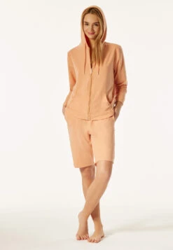 Schiesser Sweatsuit Jacket Tencel Sustainable Hood Pockets Cuffs Peach - Lounge Refibra