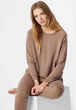 Schiesser Sweatshirt Long-sleeved Lyocell Cuffs Brown - Mix & Relax Lounge -Uni Style Shop sweatshirt langarm lyocell buendchen braun mix relax lounge 178790 300 front