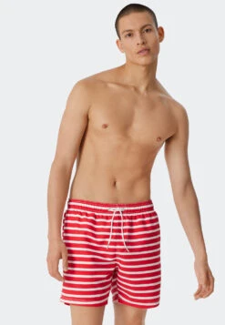 Schiesser Swim Trunks Woven Fabric Red And White Striped - Submerged -Uni Style Shop swimshorts webware rot weiss gestreift submerged 179186 500 front