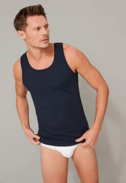Schiesser Undershirt Double Rib Organic Cotton Dark Blue - Retro Rib -Uni Style Shop unterhemd doppelripp organic cotton dunkelblau retro rib 174017 803 front