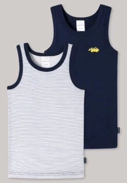 Schiesser Undershirts 2-pack Fine Rib Organic Cotton Excavator Stripes Dark Blue/white - Feinripp Multipacks