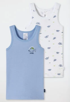 Schiesser Undershirts 2-pack Fine Rib Organic Cotton Rat Paper Boat White/aqua - Rat Henry