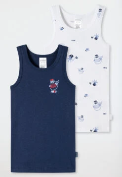 Schiesser Undershirts 2-pack Fine Rib Organic Cotton Sea Bear Pirates White/dark Blue - Boys World