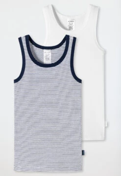 Schiesser Undershirts 2-pack Fine Rib Organic Cotton White/blue Striped