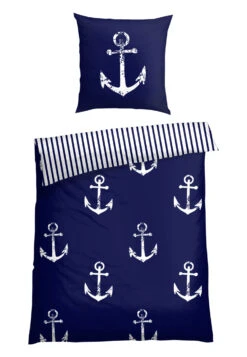 Reversible Bed Linen 2-piece Renforcé Anchor Stripes Navy/white - SCHIESSER Home -Uni Style Shop wende bettwaesche 2 teilig renforc anker streifen navy weiss schiesser home 180597 815 front