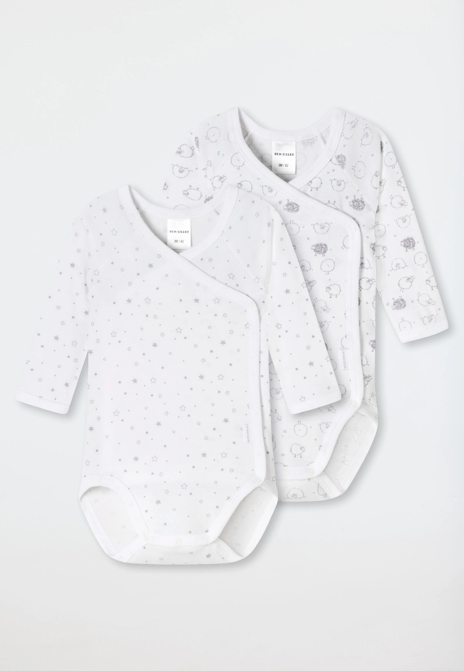 Schiesser Wrap-around Bodysuit 2-pack Long-sleeved Fine Rib Organic Cotton Printed White/gray - Original Classics 1 Schiesser Wrap-around Bodysuit 2-pack Long-sleeved Fine Rib Organic Cotton Printed White/gray - Original Classics
