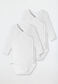Schiesser Wrap-around Bodysuit 2-pack Long-sleeved Unisex Fine Rib Organic Cotton White - Original Classics